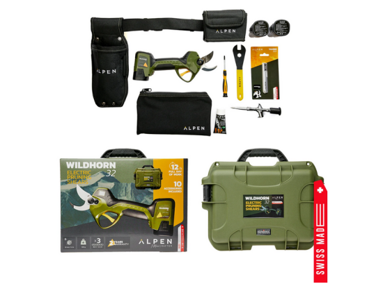 ALPEN WILDHORN 32 – Schweizer elektrische Gartenschere mit FELCO-Klinge, 3 Akkus